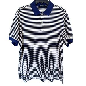 Nautica Mens Polo Shirt Navy Blue White Short Sleeve Cotton Pique M Preppy Golf